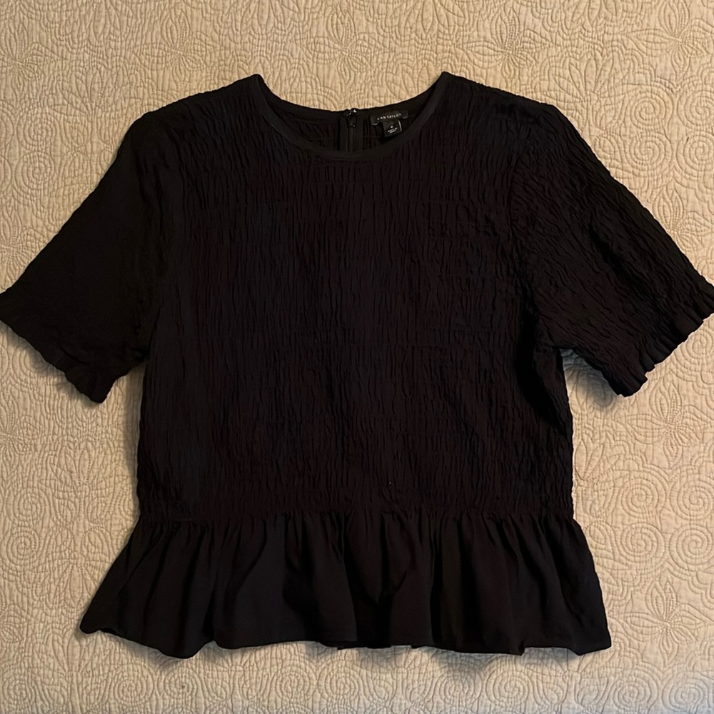 Ann Taylor short sleeved smocked black blouse in medium